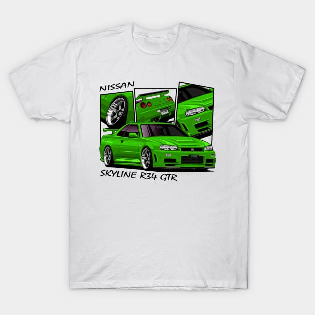 Nissan Skyline GTR R34, JDM Car T-Shirt by T-JD